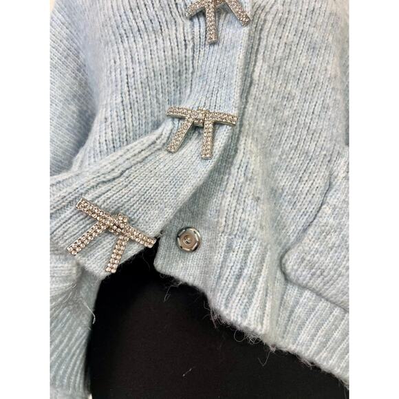 Zara‎ Blogger Fav Knit Cardigan Sweater in Blue Large Jewel Bow Rhinestone Knit - Picture 7 of 8
